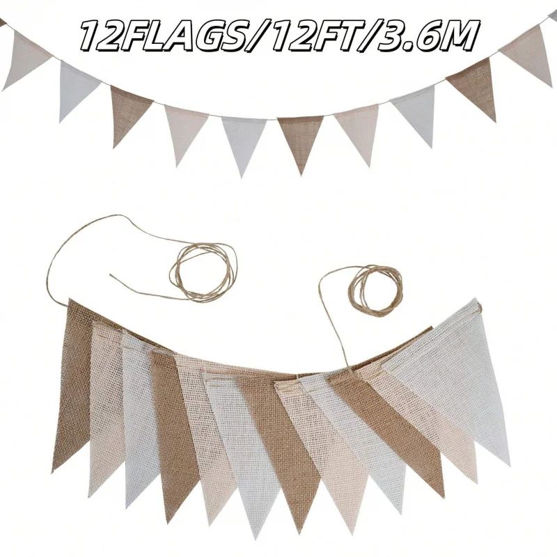 12FT Rustic Brown Burlap Pennant Banner for Party Decor