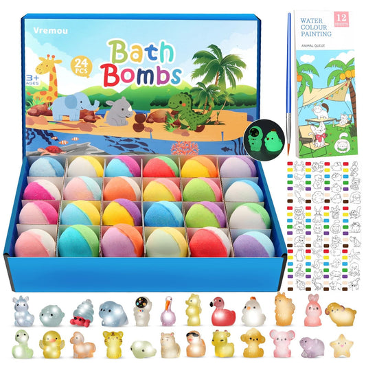 Glow Surprise Kids Bath Bomb Set – 24 Pc Natural Organic Bath Fizzies with Toys Inside