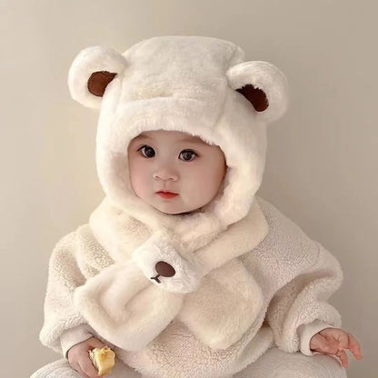 Plush Teddy Bear Winter Baby Hat with Scarf Combo