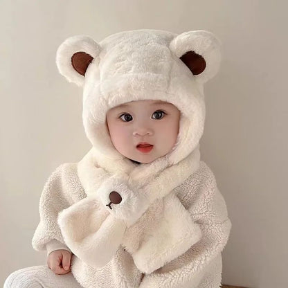 Plush Teddy Bear Winter Baby Hat with Scarf Combo
