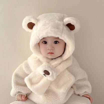 Plush Teddy Bear Winter Baby Hat with Scarf Combo
