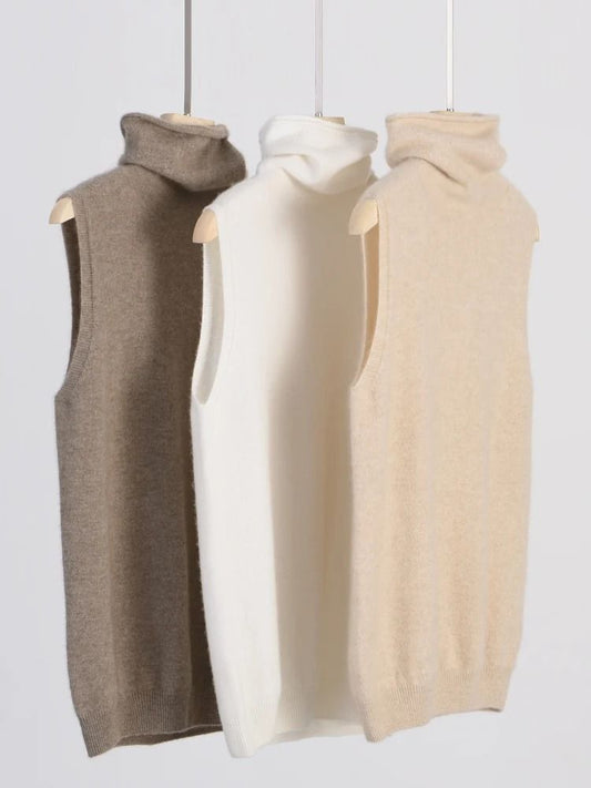 Womens 100% Merino Wool Turtleneck Vest – Sleeveless Knit Pullover & Waistcoat for Spring, Autumn & Winter