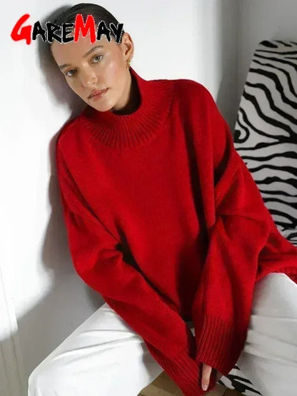 Autumn Oversized High-Collar Knitted Sweater – Vintage Soft Pullover for Winter Warmth