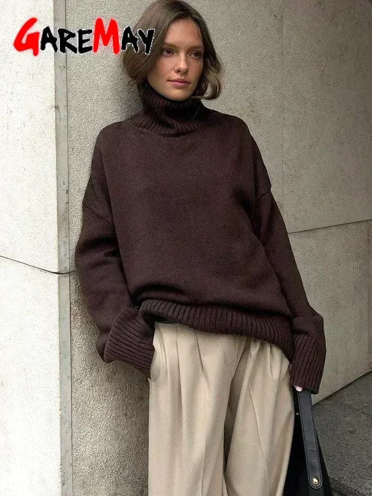 Autumn Oversized High-Collar Knitted Sweater – Vintage Soft Pullover for Winter Warmth