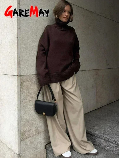 Autumn Oversized High-Collar Knitted Sweater – Vintage Soft Pullover for Winter Warmth
