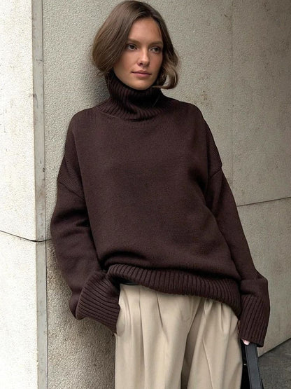 Autumn Oversized High-Collar Knitted Sweater – Vintage Soft Pullover for Winter Warmth