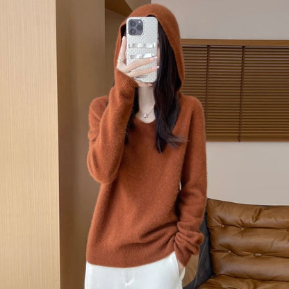 Womens 100% Merino Wool Hooded Pullover – Premium Soft Cashmere-Touch Knitwear for Autumn & Winter