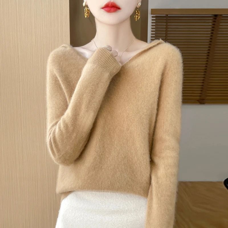 Womens 100% Merino Wool Hooded Pullover – Premium Soft Cashmere-Touch Knitwear for Autumn & Winter