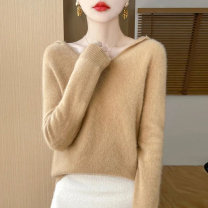 Womens 100% Merino Wool Hooded Pullover – Premium Soft Cashmere-Touch Knitwear for Autumn & Winter