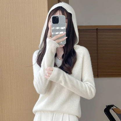 Womens 100% Merino Wool Hooded Pullover – Premium Soft Cashmere-Touch Knitwear for Autumn & Winter