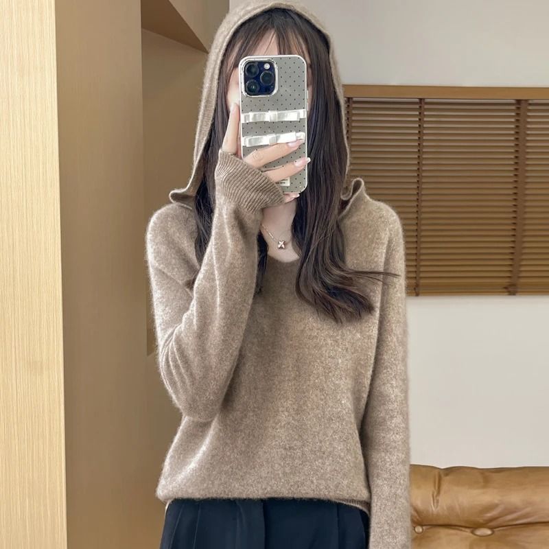 Womens 100% Merino Wool Hooded Pullover – Premium Soft Cashmere-Touch Knitwear for Autumn & Winter