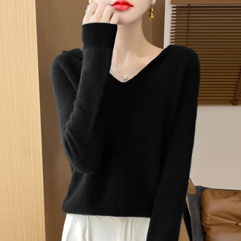 Womens 100% Merino Wool Hooded Pullover – Premium Soft Cashmere-Touch Knitwear for Autumn & Winter