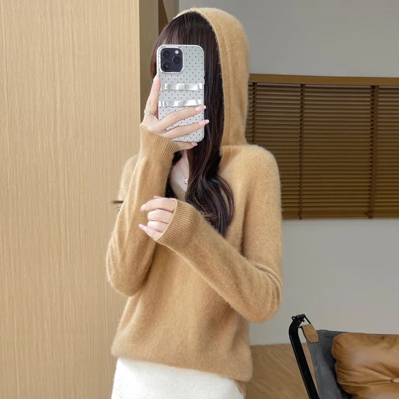 Womens 100% Merino Wool Hooded Pullover – Premium Soft Cashmere-Touch Knitwear for Autumn & Winter