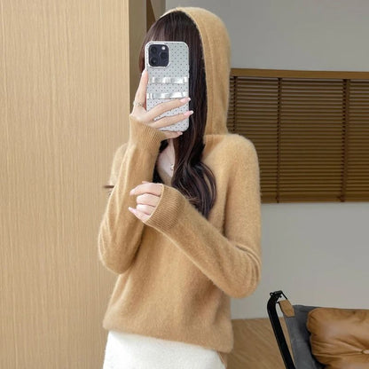 Womens 100% Merino Wool Hooded Pullover – Premium Soft Cashmere-Touch Knitwear for Autumn & Winter
