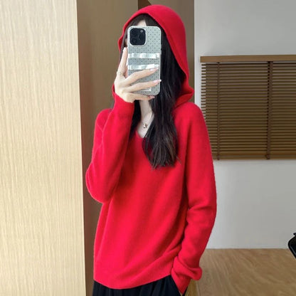 Womens 100% Merino Wool Hooded Pullover – Premium Soft Cashmere-Touch Knitwear for Autumn & Winter