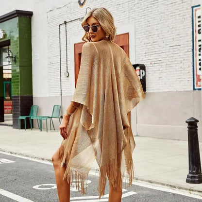 Women's See-Through Beach Cover-Up Dress With Tassel and Gold Accents