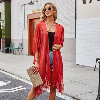 Women's See-Through Beach Cover-Up Dress With Tassel and Gold Accents
