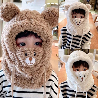 Plush Double Fleece Little Bear Winter Hat with Scarf for Kids