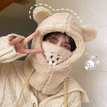 Plush Double Fleece Little Bear Winter Hat with Scarf for Kids