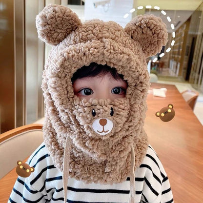 Plush Double Fleece Little Bear Winter Hat with Scarf for Kids