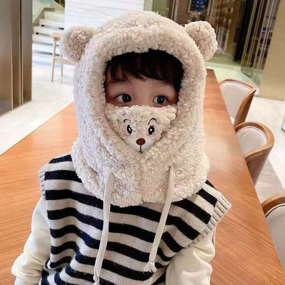 Plush Double Fleece Little Bear Winter Hat with Scarf for Kids