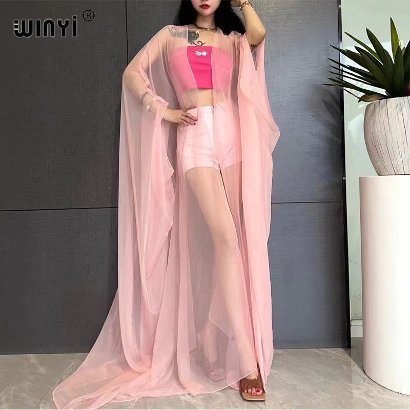 WINYI Monochrome Sheer Kimono Swimsuit Cover Up Dress for Women