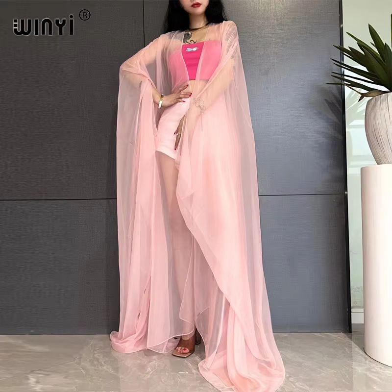 WINYI Monochrome Sheer Kimono Swimsuit Cover Up Dress for Women