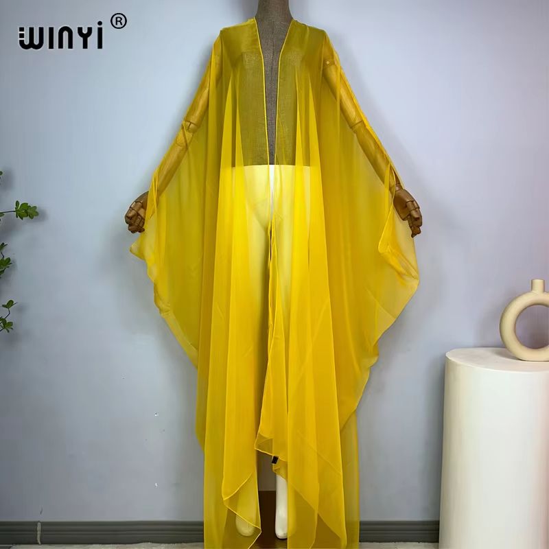 WINYI Monochrome Sheer Kimono Swimsuit Cover Up Dress for Women