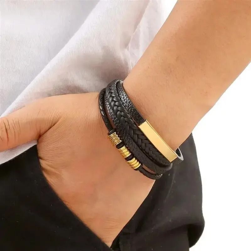 Multi Layer PU Leather Mens Bracelet with Magnetic Closure Gold Tube Charm