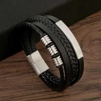 Multi Layer PU Leather Mens Bracelet with Magnetic Closure Gold Tube Charm