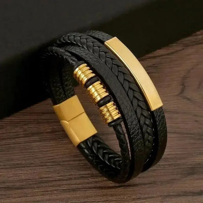 Multi Layer PU Leather Mens Bracelet with Magnetic Closure Gold Tube Charm
