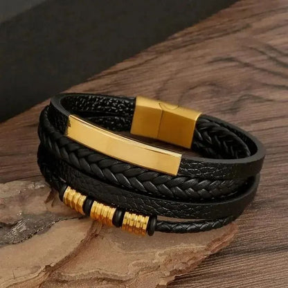 Multi Layer PU Leather Mens Bracelet with Magnetic Closure Gold Tube Charm
