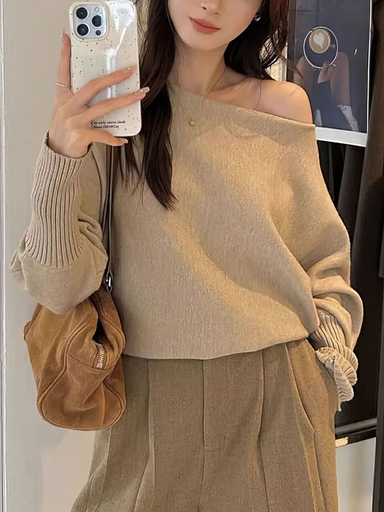 300g Thick Batwing Long Sleeve Pullover – Korean Fashion Off-Shoulder Sweater & Loose Autumn Outwear