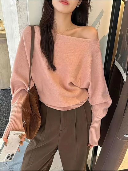 300g Thick Batwing Long Sleeve Pullover – Korean Fashion Off-Shoulder Sweater & Loose Autumn Outwear