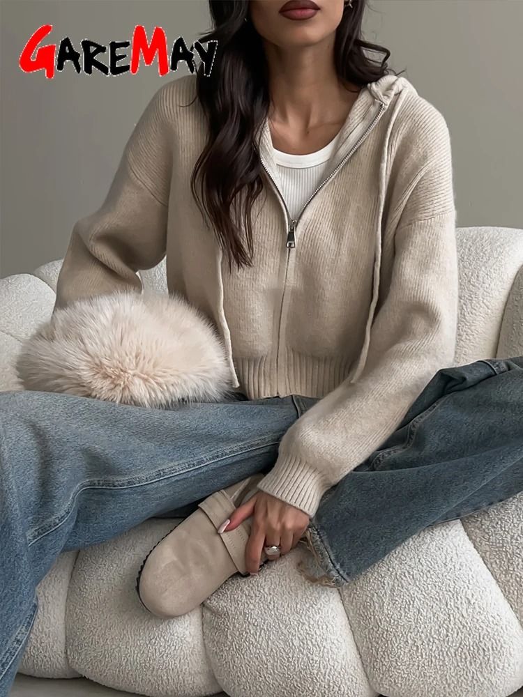 Autumn Hooded Short Cardigan – Zip-Up Knitted Winter Sweater for Women