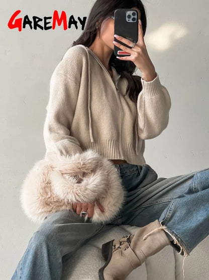 Autumn Hooded Short Cardigan – Zip-Up Knitted Winter Sweater for Women
