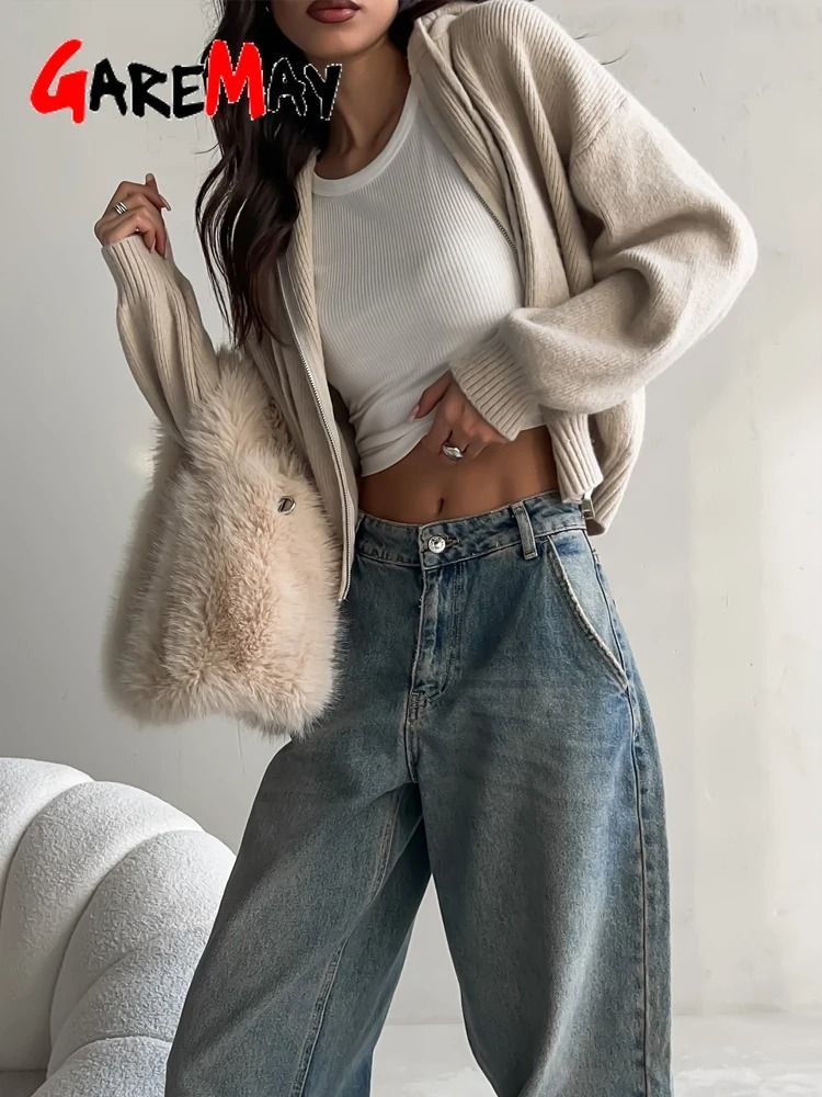 Autumn Hooded Short Cardigan – Zip-Up Knitted Winter Sweater for Women