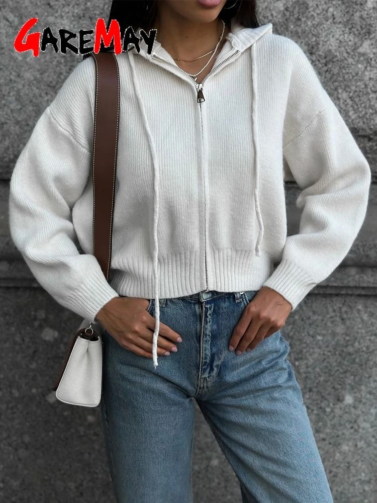Autumn Hooded Short Cardigan – Zip-Up Knitted Winter Sweater for Women