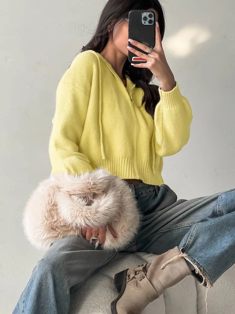 Autumn Hooded Short Cardigan – Zip-Up Knitted Winter Sweater for Women