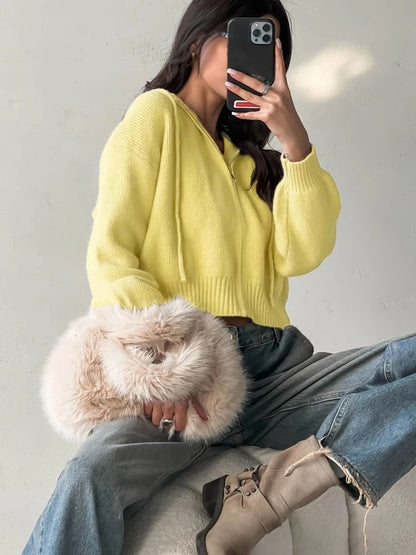 Autumn Hooded Short Cardigan – Zip-Up Knitted Winter Sweater for Women