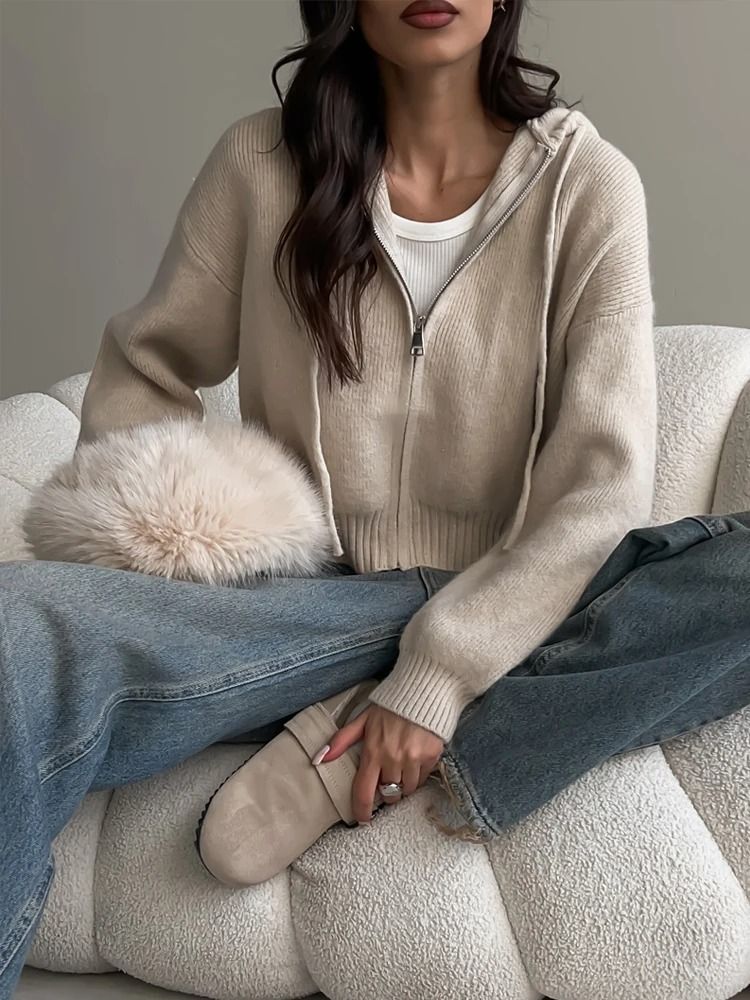 Autumn Hooded Short Cardigan – Zip-Up Knitted Winter Sweater for Women