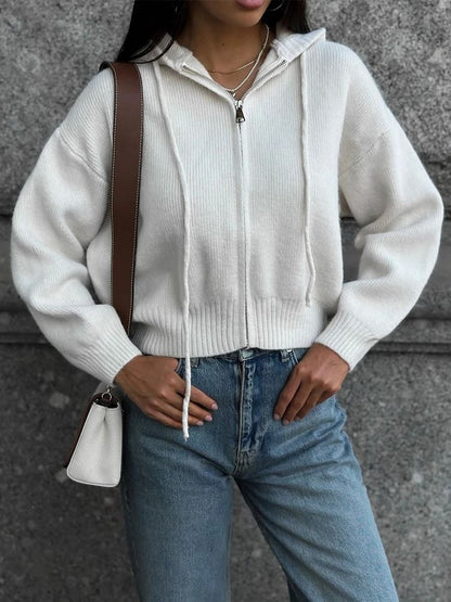 Autumn Hooded Short Cardigan – Zip-Up Knitted Winter Sweater for Women