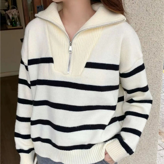 Womens Premium Zipper Stripe Underlay Sweater – Short Style Spring & Autumn Pullover