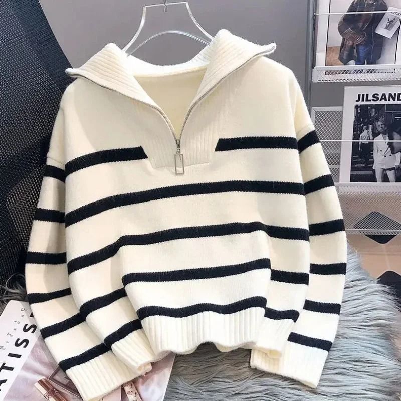 Womens Premium Zipper Stripe Underlay Sweater – Short Style Spring & Autumn Pullover