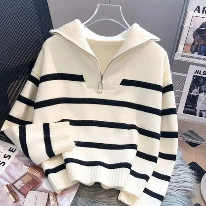 Womens Premium Zipper Stripe Underlay Sweater – Short Style Spring & Autumn Pullover