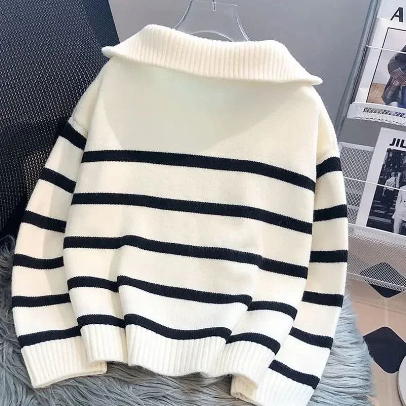 Womens Premium Zipper Stripe Underlay Sweater – Short Style Spring & Autumn Pullover