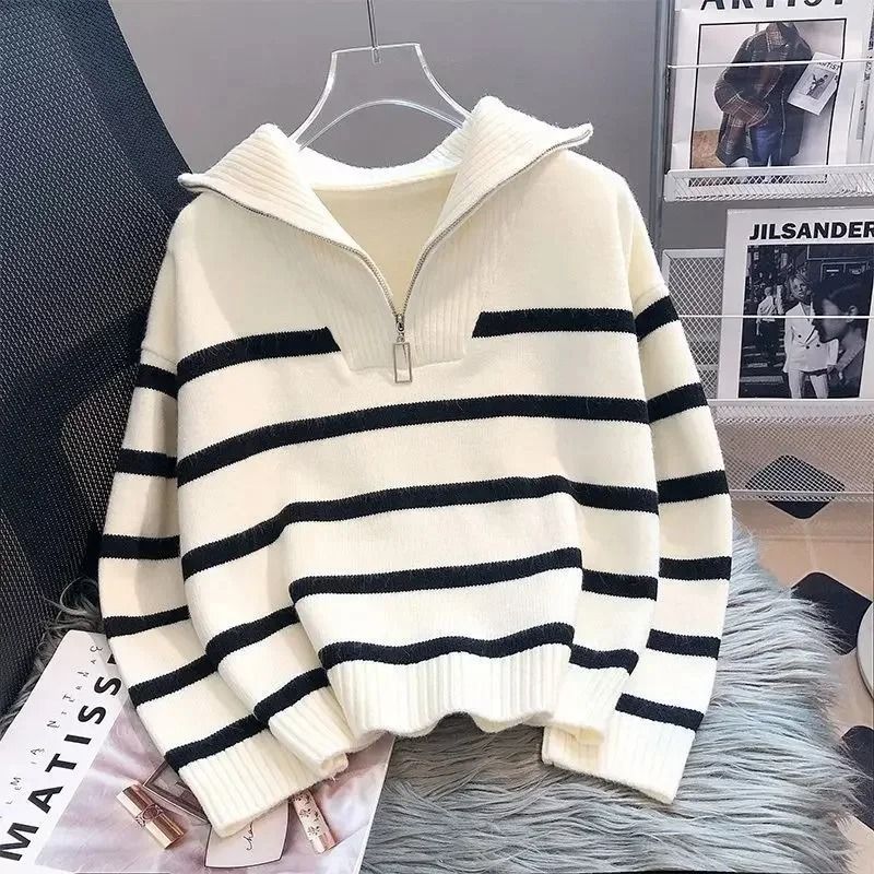 Womens Premium Zipper Stripe Underlay Sweater – Short Style Spring & Autumn Pullover