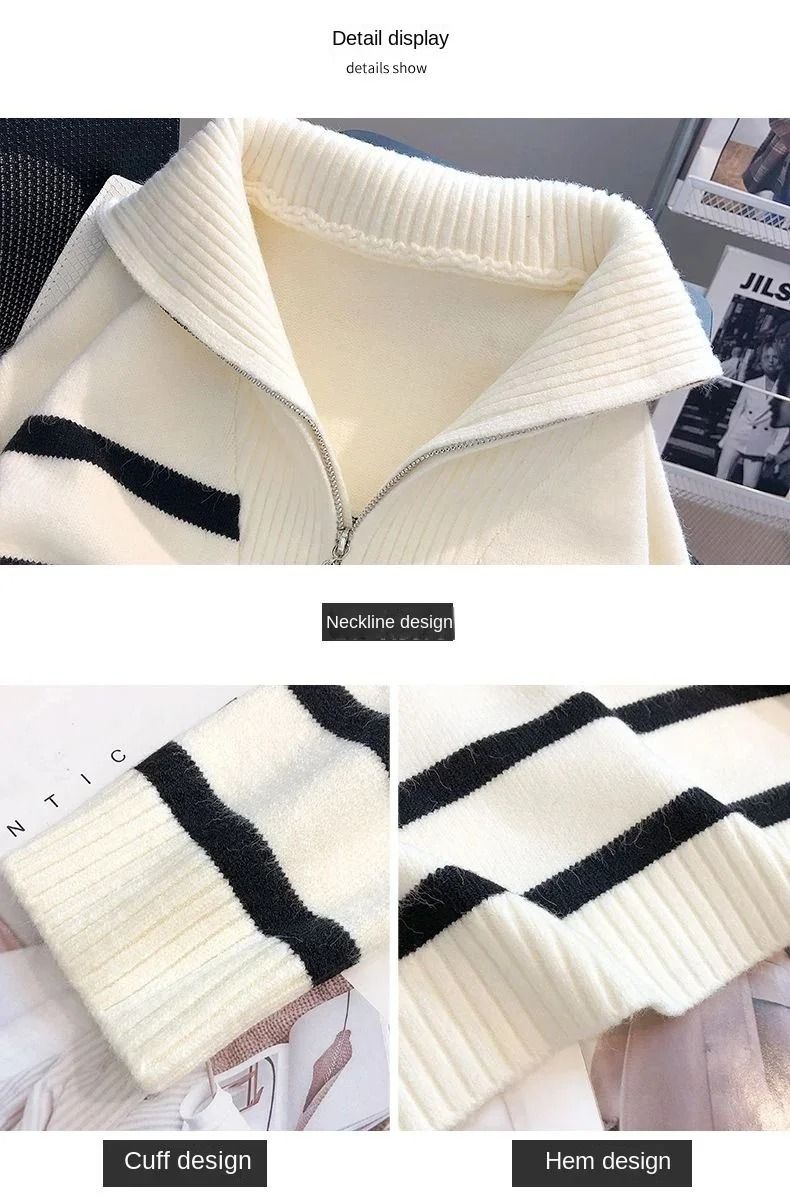Womens Premium Zipper Stripe Underlay Sweater – Short Style Spring & Autumn Pullover