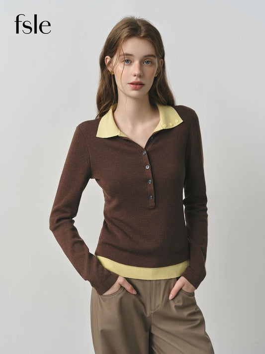 FSLE 2025 Autumn Color Block Knitted Sweater – Vintage Fake Two-Piece Turn Collar Cable Knit Top