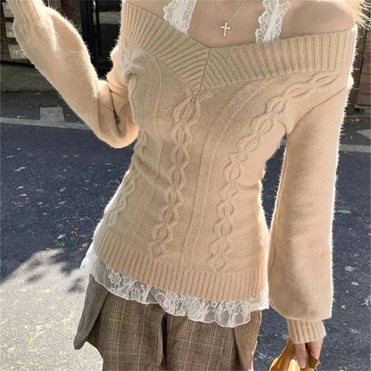 Fashion Vintage V-Neck Knitted Top – Early Autumn Slim Sexy Gray Pullover Sweater for Women